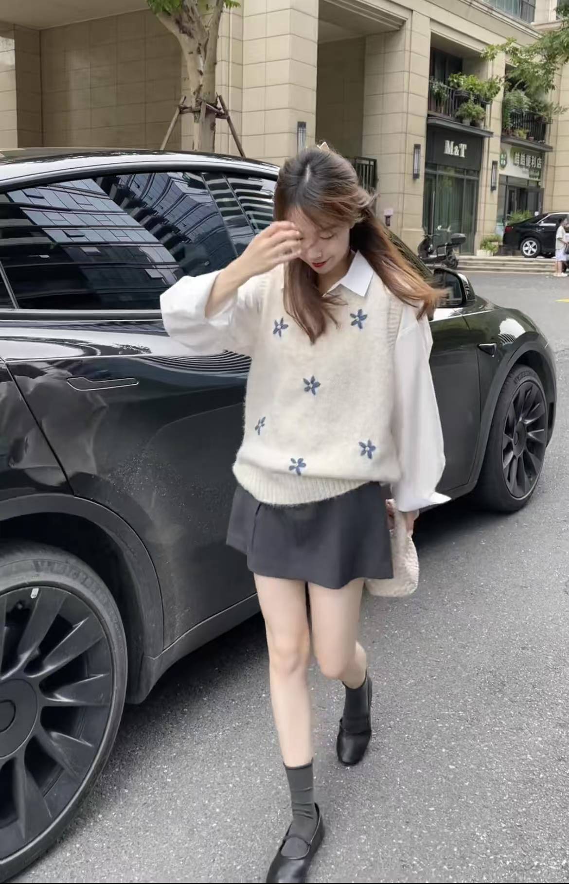 Retro Embroidered Floral Knit Vest Layered Shirt and Slimming A-Line Mini Skirt Three-Piece Set