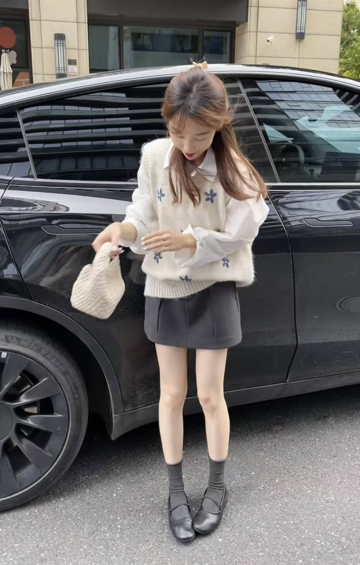 Retro Embroidered Floral Knit Vest Layered Shirt and Slimming A-Line Mini Skirt Three-Piece Set - Image 2