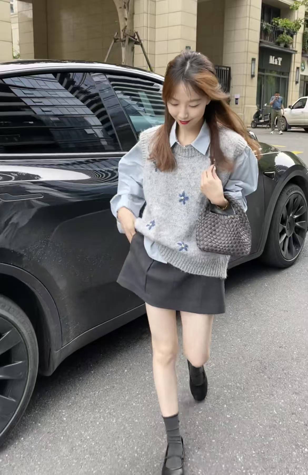 Retro Embroidered Floral Knit Vest Layered Shirt and Slimming A-Line Mini Skirt Three-Piece Set - Image 3