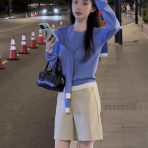 Korean Style Loose Shawl Knit Sweater and Thick Casual Shorts Set