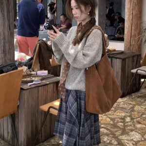 Korean Style Gray Pullover Sweater and Plaid Skirt Two-Piece Set