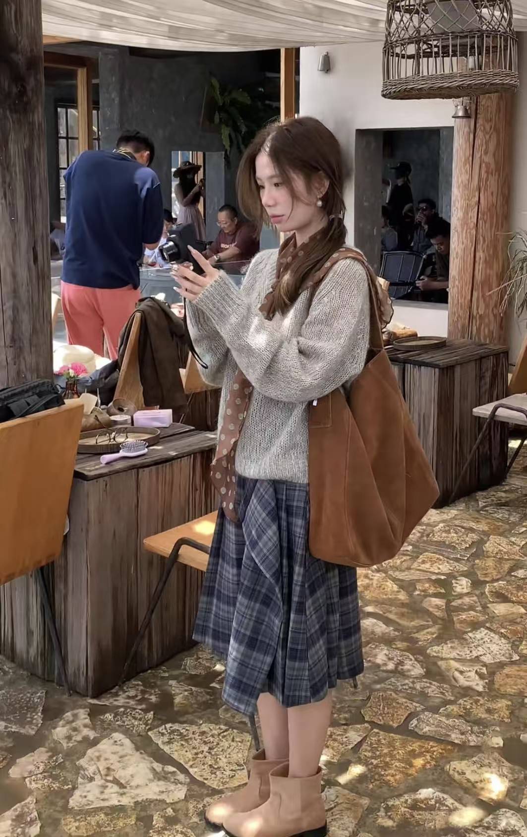 Korean Style Gray Pullover Sweater and Plaid Skirt Two-Piece Set
