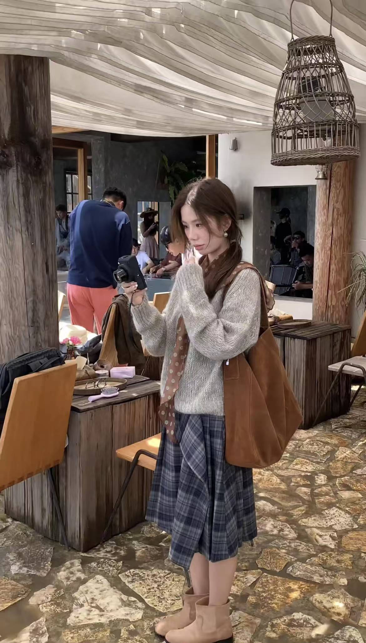 Korean Style Gray Pullover Sweater and Plaid Skirt Two-Piece Set - Image 2
