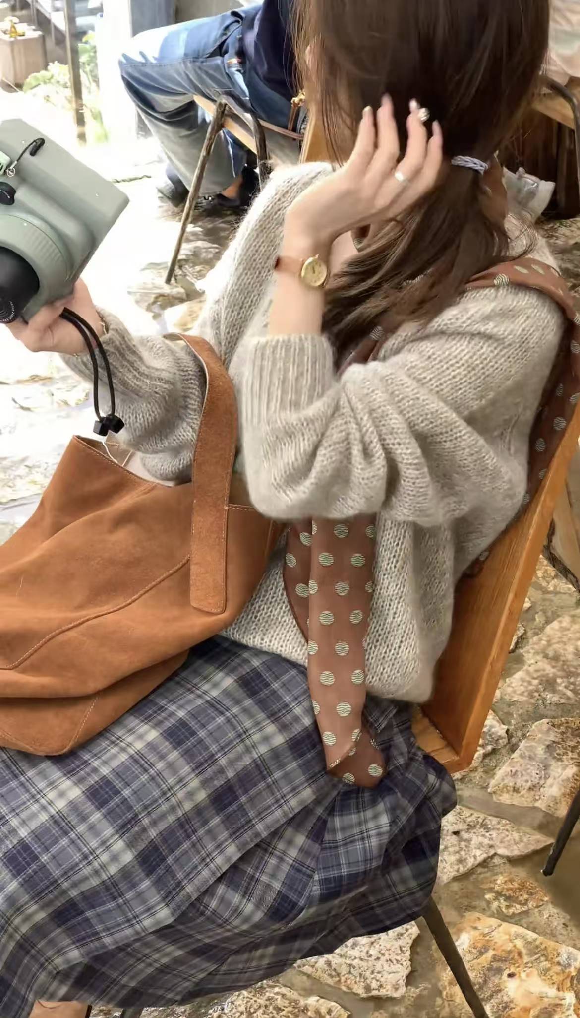 Korean Style Gray Pullover Sweater and Plaid Skirt Two-Piece Set - Image 4