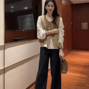 Autumn Three-Piece Set with Lace Shirt, Vest, and Jeans