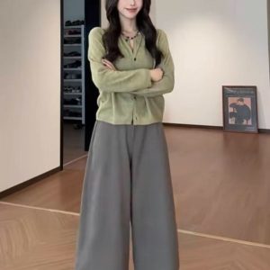 2025 Autumn New Relaxed Knit Sweater with Shawl and Cropped Wide-Leg Pants Three-Piece Set
