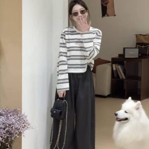 Women's Autumn Casual Striped Top and Cropped Pants Two-Piece Set