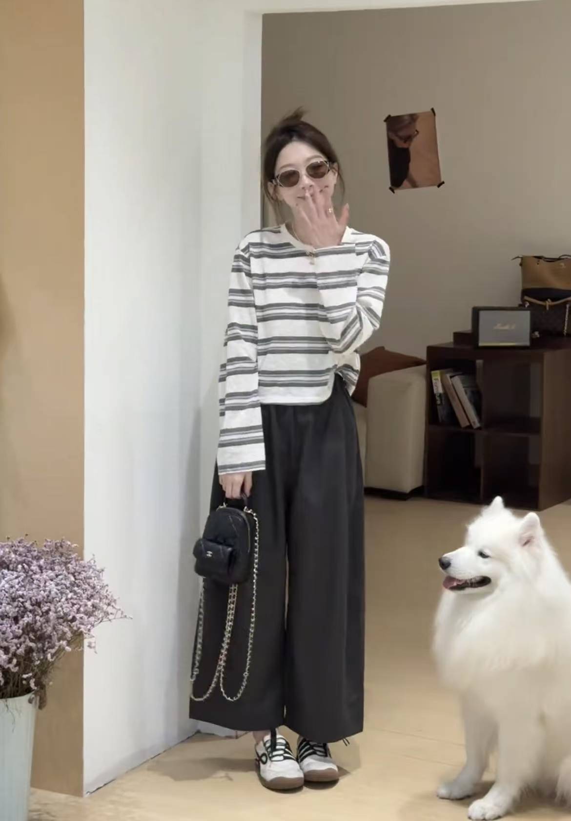 Women's Autumn Casual Striped Top and Cropped Pants Two-Piece Set