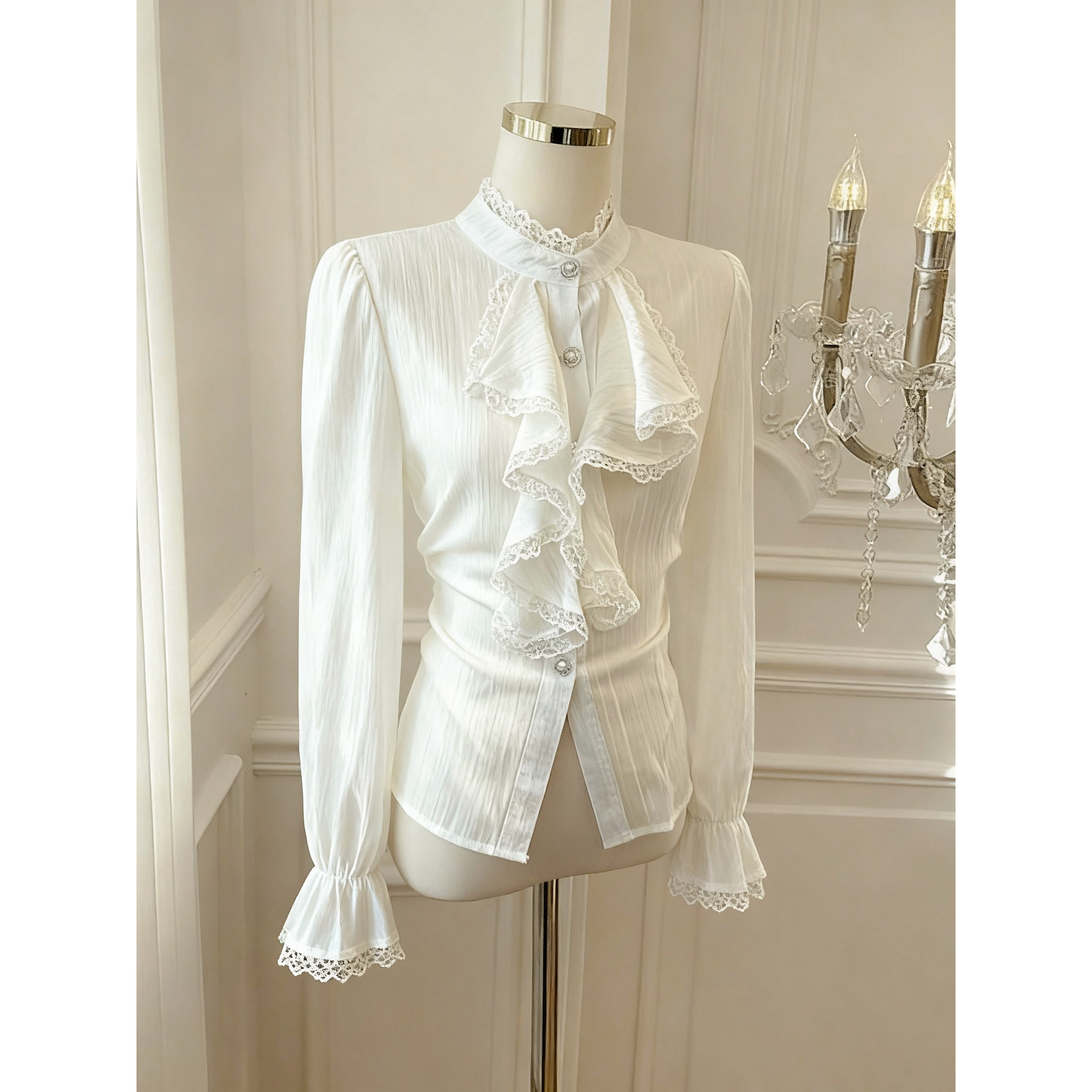 Women's Vintage Court Style Lace Stand Collar Ruffle Shirt Fall Winter Base Layer Top - Image 5