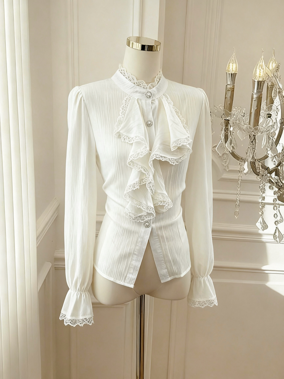 Women's Vintage Court Style Lace Stand Collar Ruffle Shirt Fall Winter Base Layer Top - Image 4