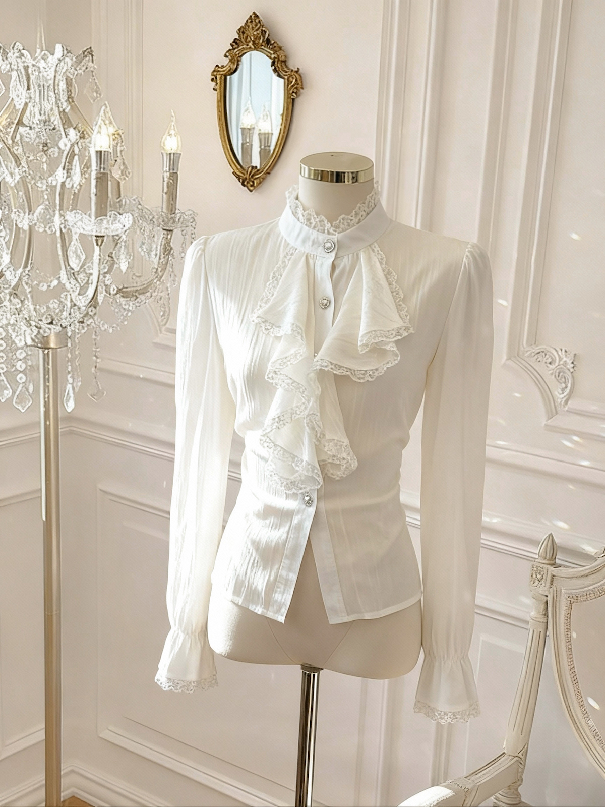 Women's Vintage Court Style Lace Stand Collar Ruffle Shirt Fall Winter Base Layer Top - Image 3