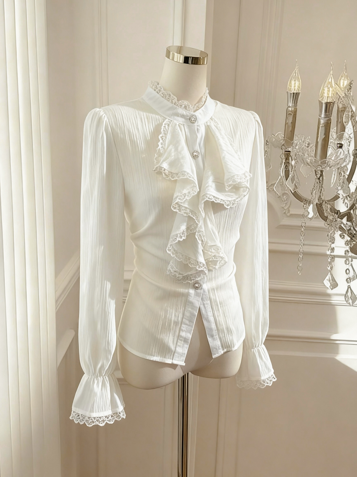 Women's Vintage Court Style Lace Stand Collar Ruffle Shirt Fall Winter Base Layer Top - Image 2