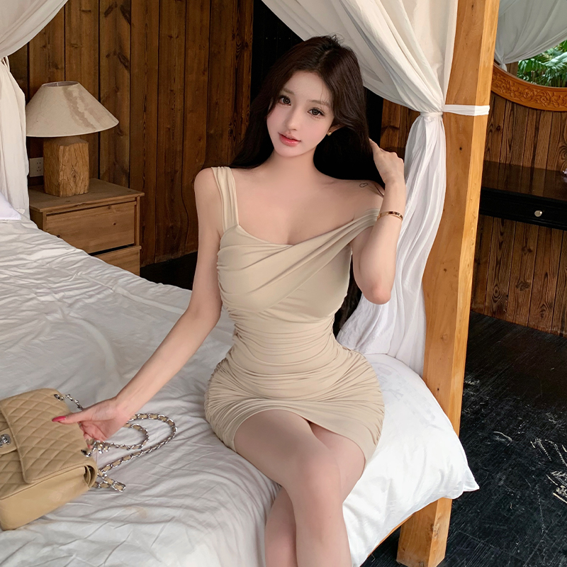Summer French Style Asymmetric Off-Shoulder Padded Bodycon Mini Dress - Image 4