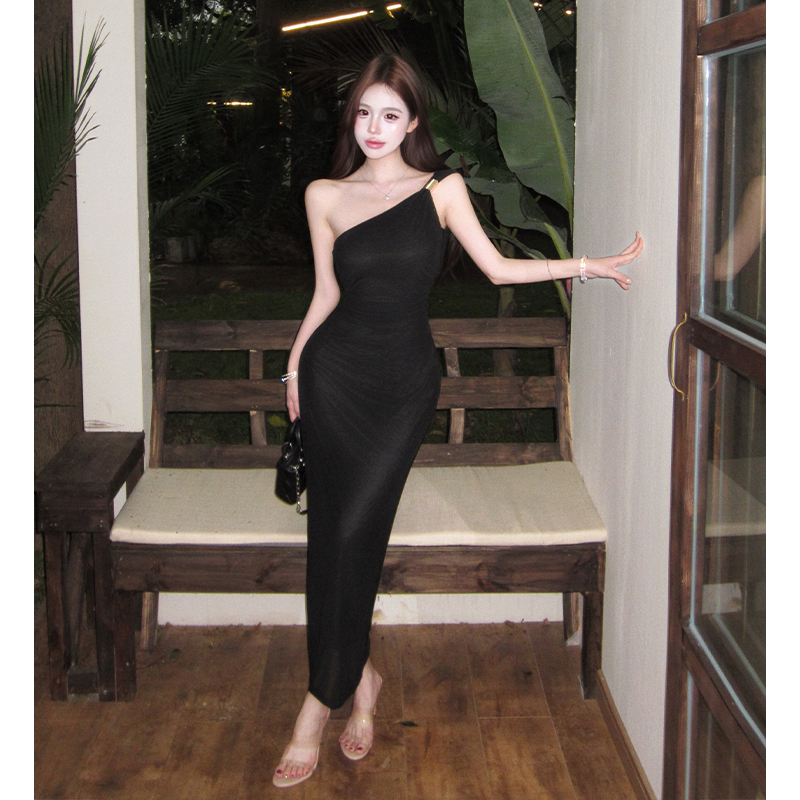french-black-one-shoulder-open-back-ruched-mesh-bodycon-midi-dress