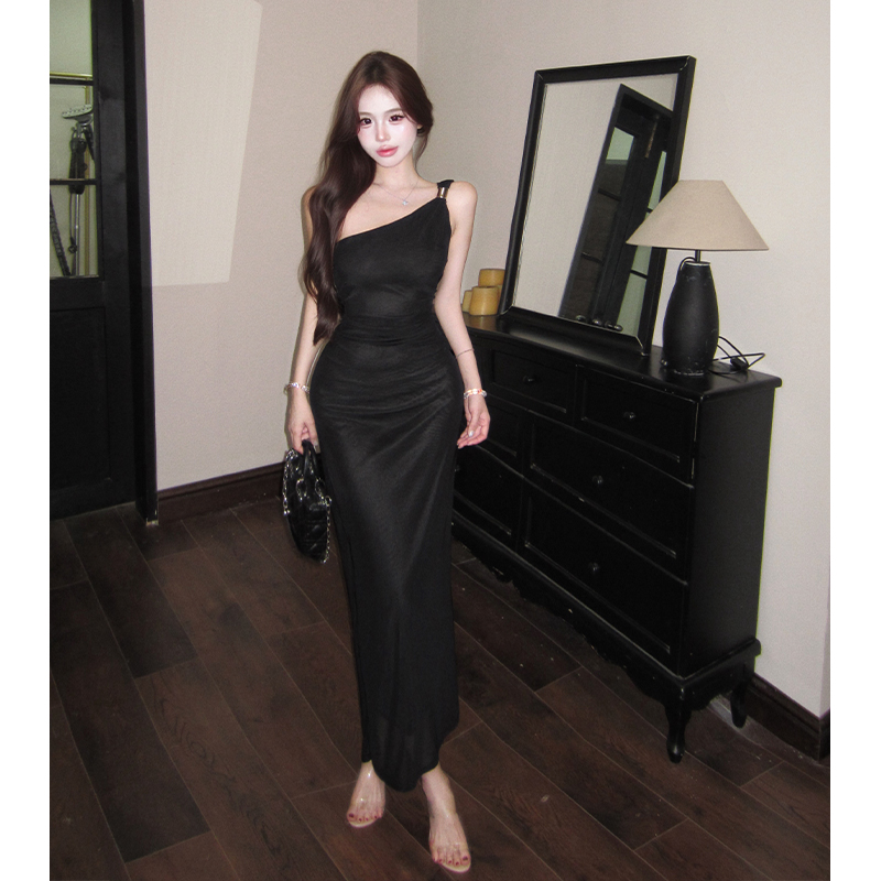 French Black One-Shoulder Open-Back Ruched Mesh Bodycon Midi Dress - Image 3