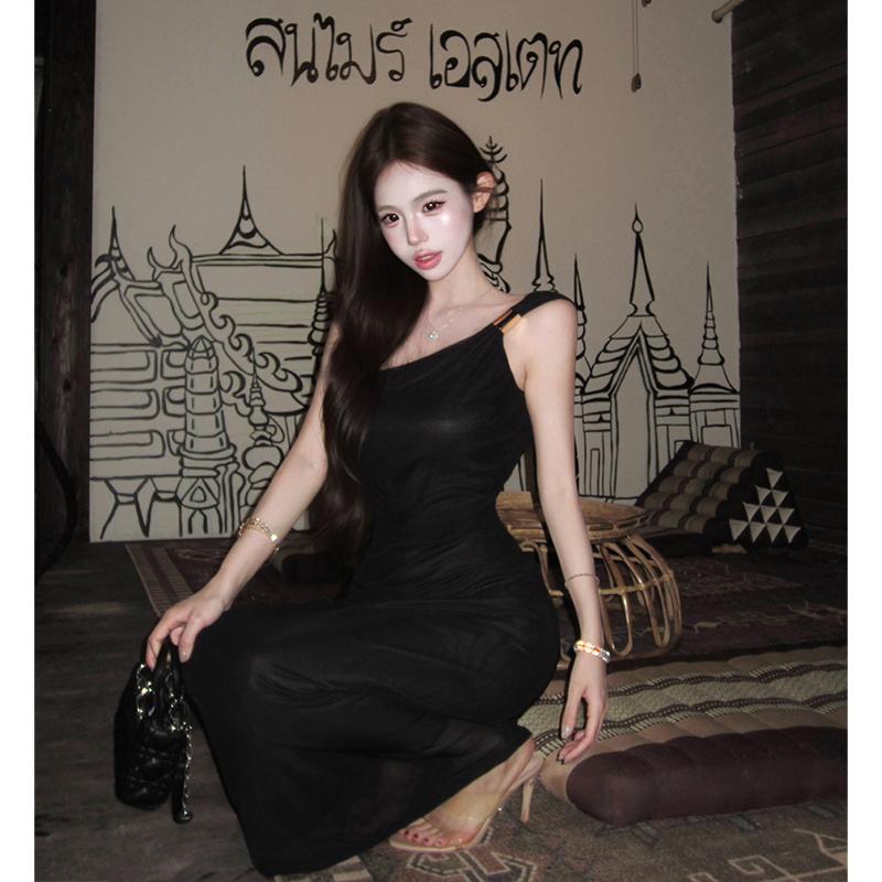 French Black One-Shoulder Open-Back Ruched Mesh Bodycon Midi Dress - Image 4