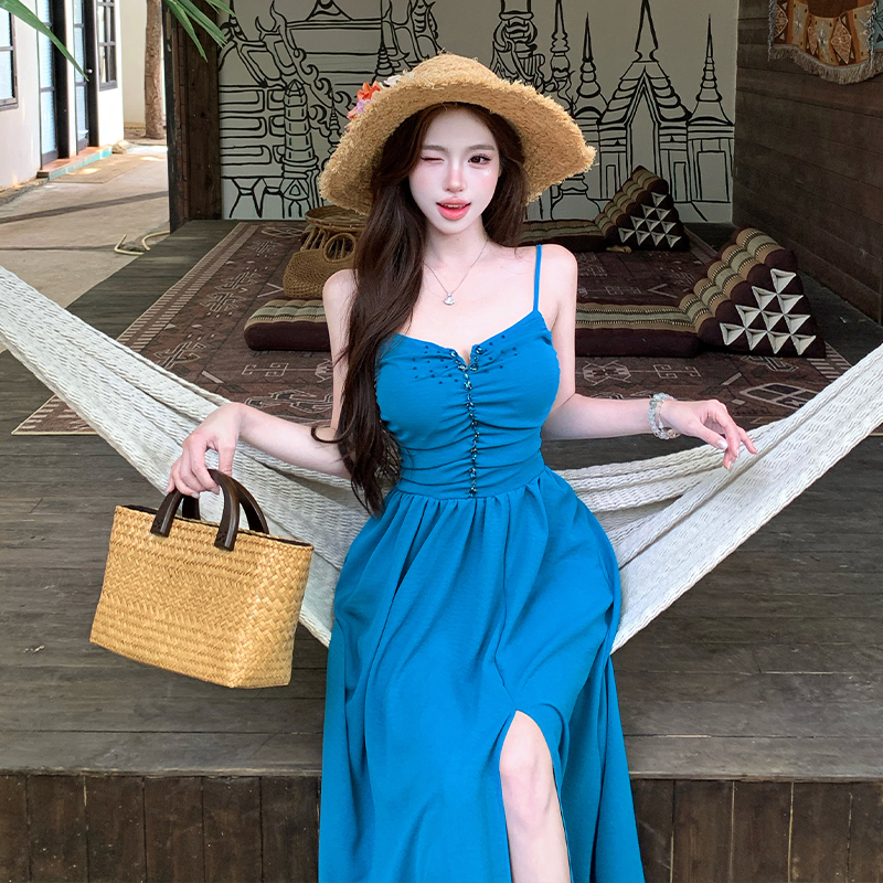Deep Blue V-Neck Beaded Backless Strappy Cami Long Dress for Beach Vacation Summer - Image 2