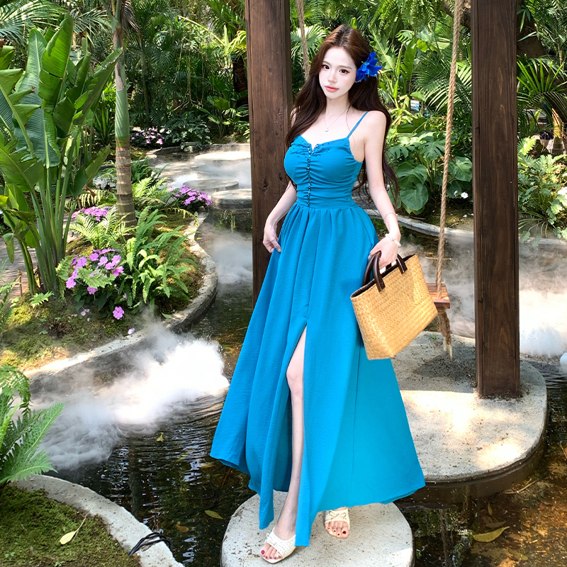 Deep Blue V-Neck Beaded Backless Strappy Cami Long Dress for Beach Vacation Summer - Image 3