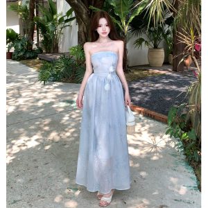 Elegant French Style Embroidered Strapless A-Line Midi Dress