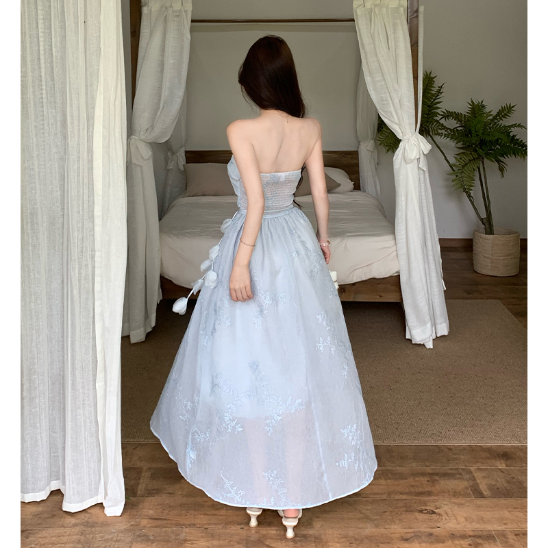 Elegant French Style Embroidered Strapless A-Line Midi Dress - Image 5