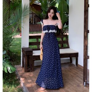Mandala 45 Degree Bias Cut Lace Panel Off-Shoulder Floral Cami Long Dress Women Summer French Romantic Navy Blue