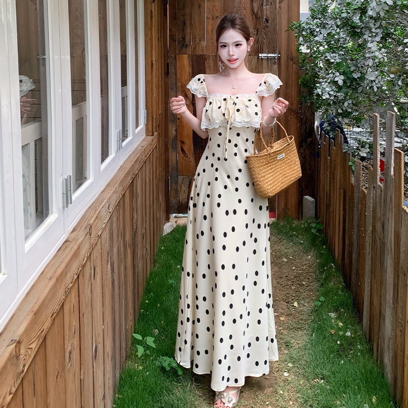 french-retro-polka-dot-sleeveless-cami-dress-with-ruffle-sleeves-lace-panel-slimming-long-dress-summer