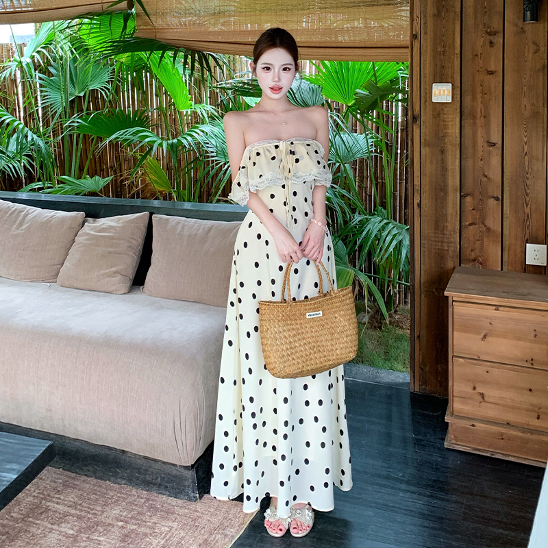 French Retro Polka Dot Sleeveless Cami Dress with Ruffle Sleeves Lace Panel Slimming Long Dress Summer - Image 2
