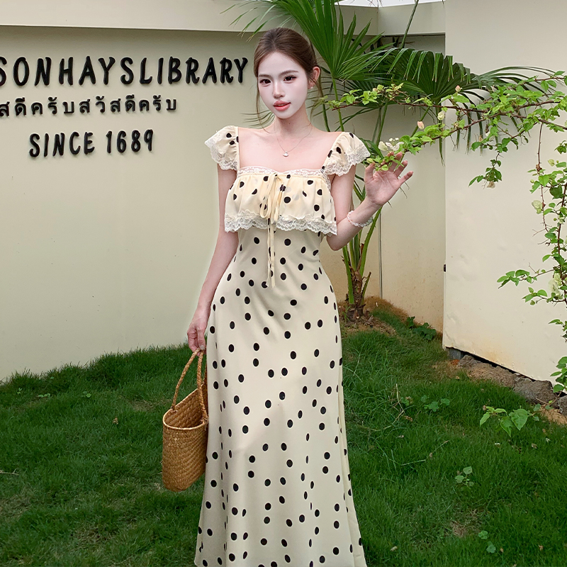 French Retro Polka Dot Sleeveless Cami Dress with Ruffle Sleeves Lace Panel Slimming Long Dress Summer - Image 5