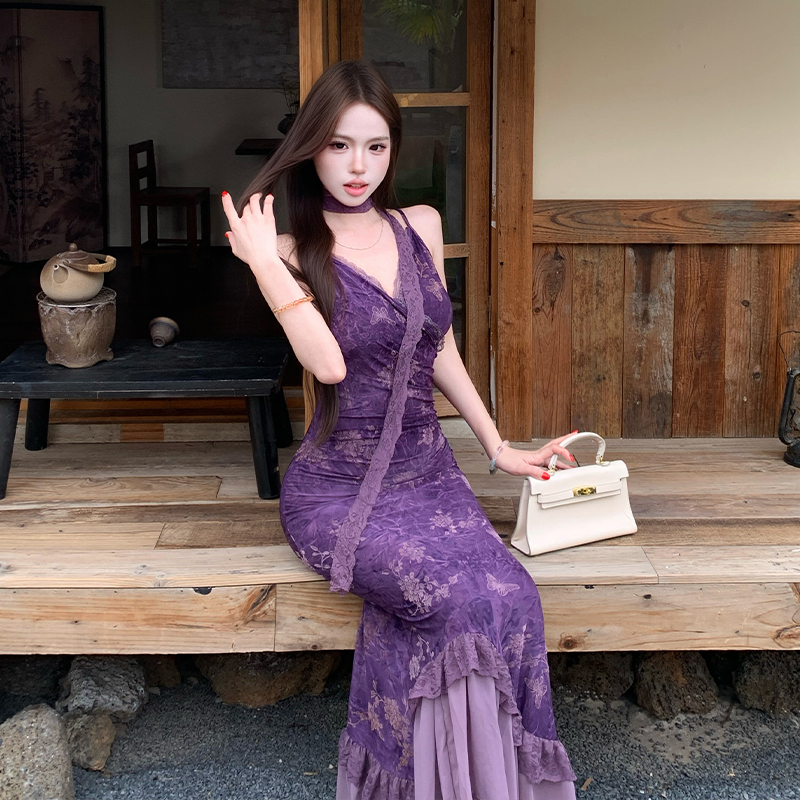French Style Sexy V-Neck High Waist Long Dress Women Flocked Burnout Stretch Cami Dress New Chinese Style Purple Dress - Image 2