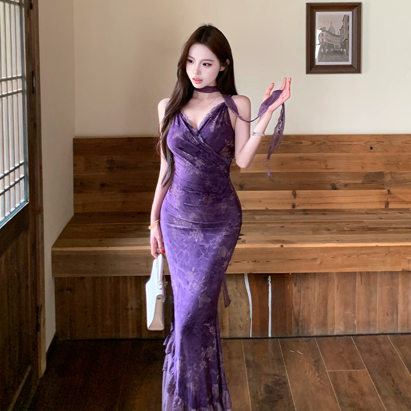 French Style Sexy V-Neck High Waist Long Dress Women Flocked Burnout Stretch Cami Dress New Chinese Style Purple Dress - Image 3