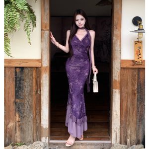 French Style Sexy V-Neck High Waist Long Dress Women Flocked Burnout Stretch Cami Dress New Chinese Style Purple Dress