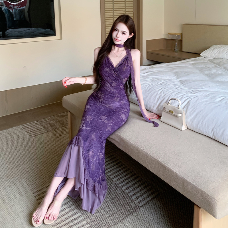 French Style Sexy V-Neck High Waist Long Dress Women Flocked Burnout Stretch Cami Dress New Chinese Style Purple Dress - Image 4