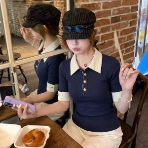 Women's Summer Polo Collar Color Block Faux Two Piece Short Sleeve T-Shirt Slim Fit