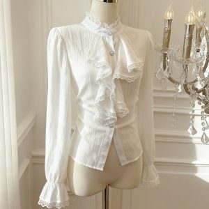Women's Vintage Court Style Lace Stand Collar Ruffle Shirt Fall Winter Base Layer Top
