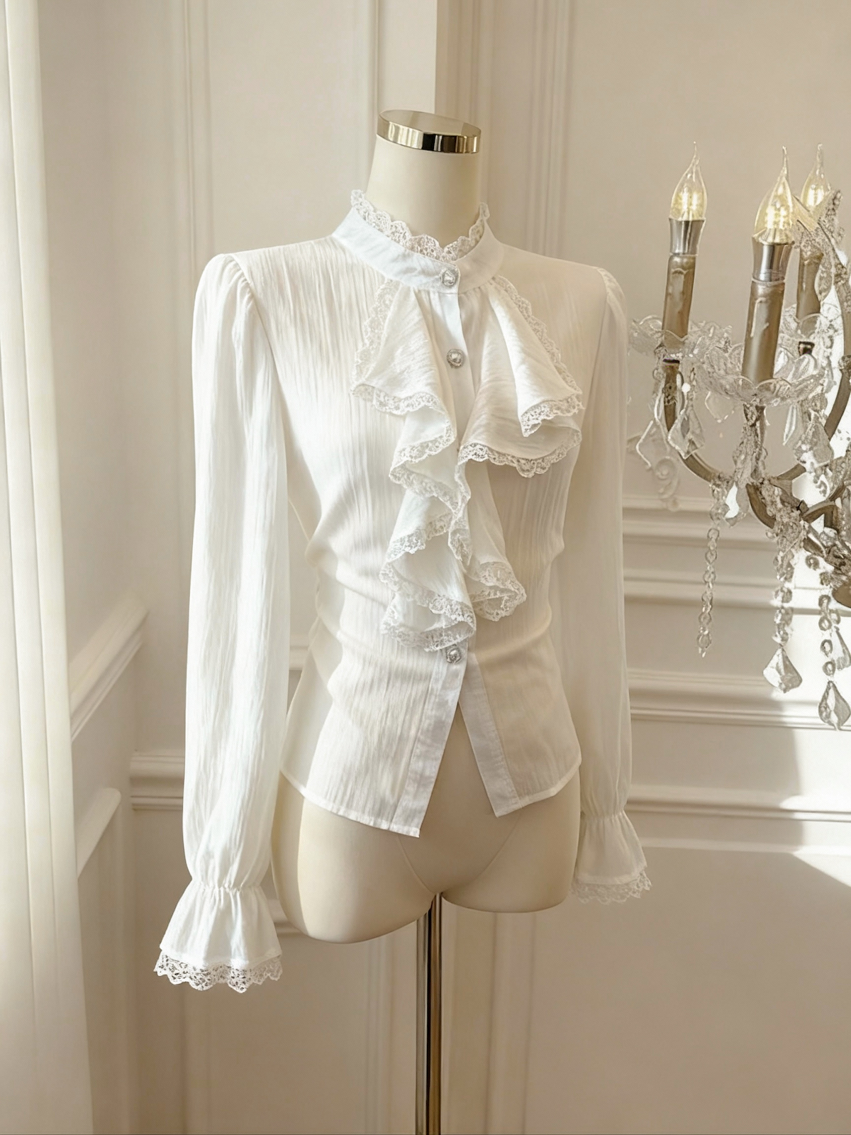 Women's Vintage Court Style Lace Stand Collar Ruffle Shirt Fall Winter Base Layer Top