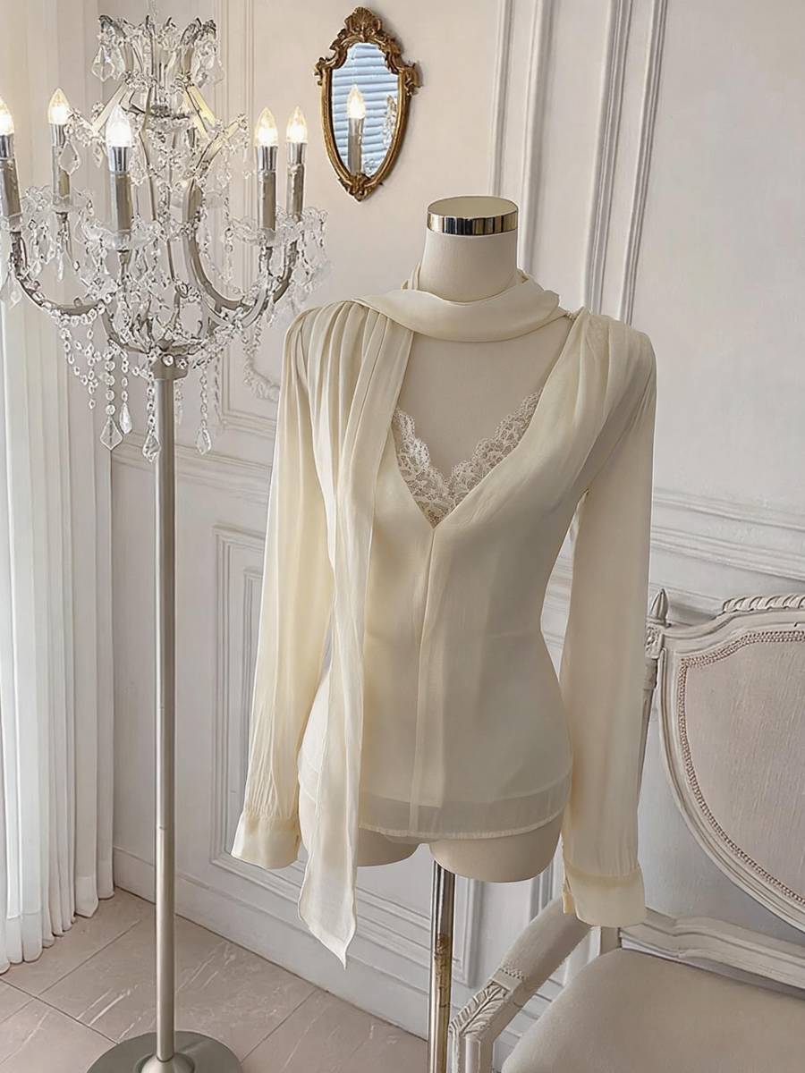 Women's Loose Lace Patchwork Pullover Top with Ribbon - Image 3