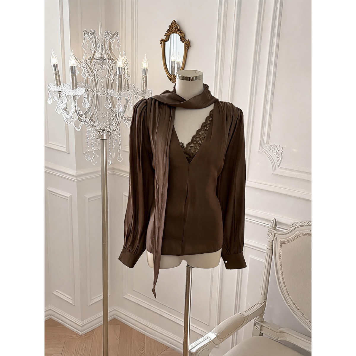 Korean Lace Spliced Pullover Top with Ribbon Early Autumn Loose Slimming Shirt - Image 5