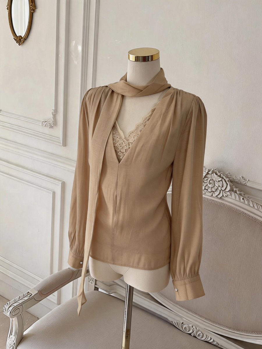 Korean Lace Spliced Pullover Top with Ribbon Early Autumn Loose Slimming Shirt - Image 2