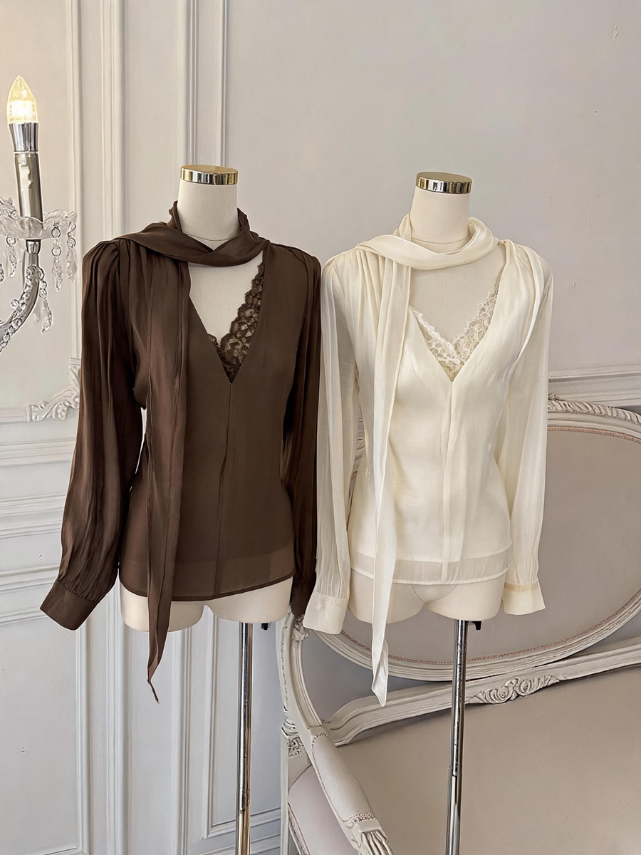 Korean Lace Spliced Pullover Top with Ribbon Early Autumn Loose Slimming Shirt - Image 3