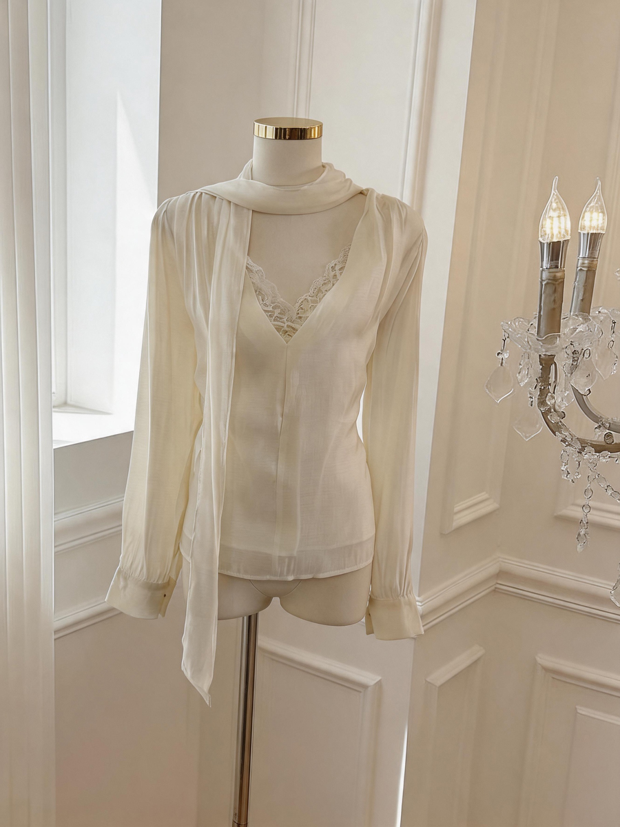 Korean Lace Spliced Pullover Top with Ribbon Early Autumn Loose Slimming Shirt - Image 4