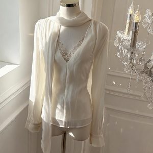 Korean Lace Spliced Pullover Top with Ribbon Early Autumn Loose Slimming Shirt