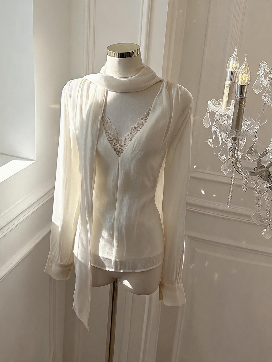 Korean Lace Spliced Pullover Top with Ribbon Early Autumn Loose Slimming Shirt