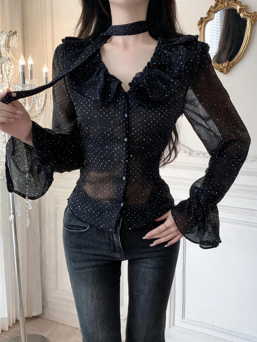french-retro-polka-dot-shirt-for-women-with-ruffle-trim-and-flared-sleeves