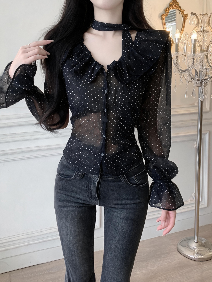 French Retro Polka Dot Shirt for Women with Ruffle Trim and Flared Sleeves - Image 3