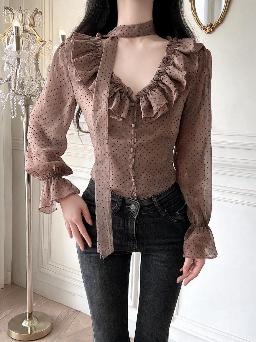 French Retro Polka Dot Shirt for Women with Ruffle Trim and Flared Sleeves - Image 2