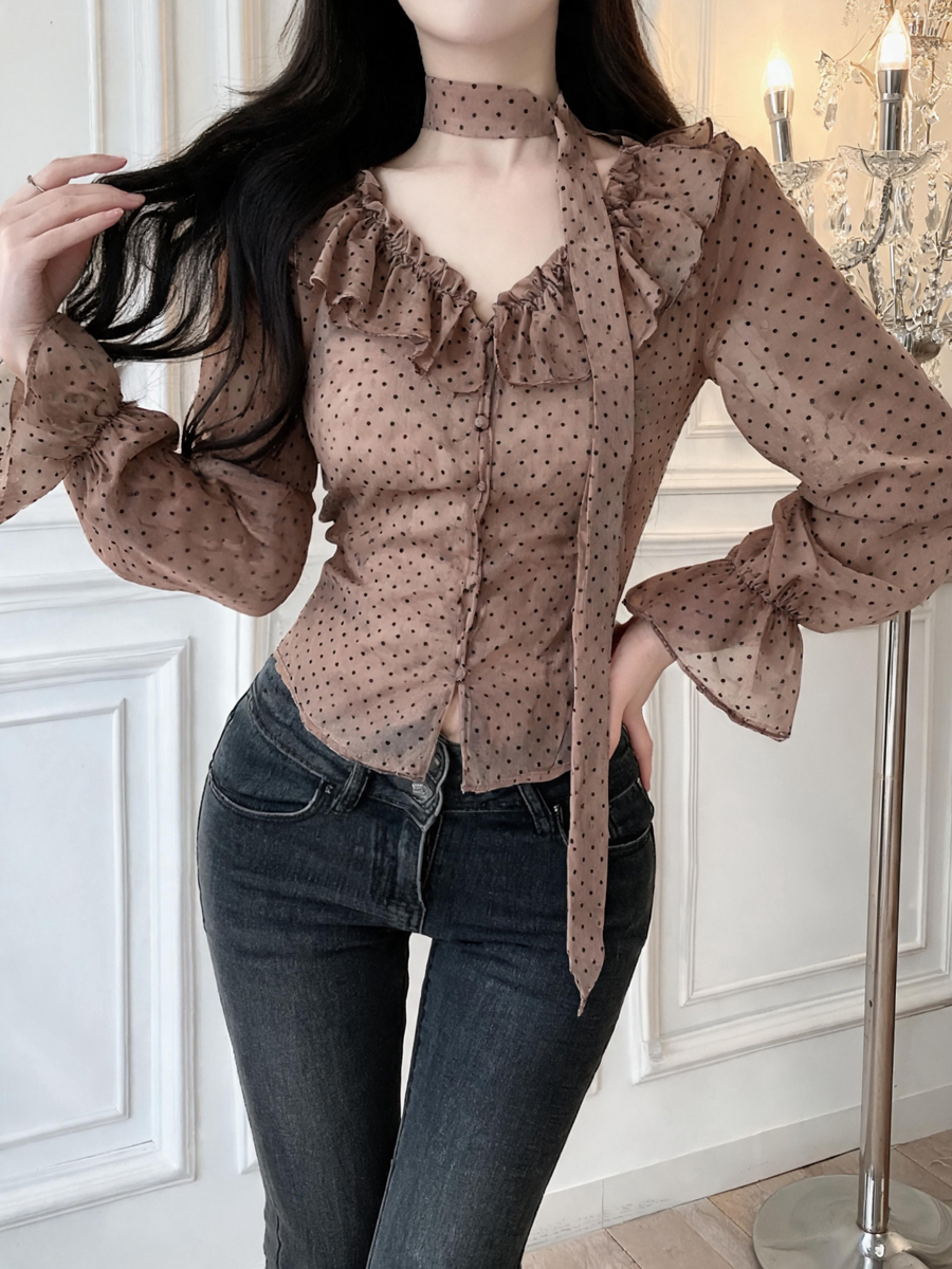 French Retro Polka Dot Shirt for Women with Ruffle Trim and Flared Sleeves - Image 4