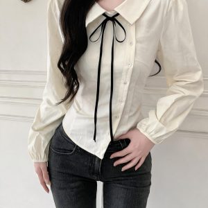 Preppy Lace-Up Doll Collar Shirt Women's New Long Sleeve Loose Niche Design Top - Style 64f63f
