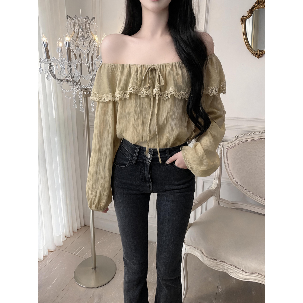 French Style Ruffle Trim Long Sleeve Shirt Summer New Top - Image 5