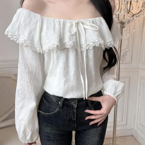 French Style Ruffle Trim Long Sleeve Shirt Summer New Top