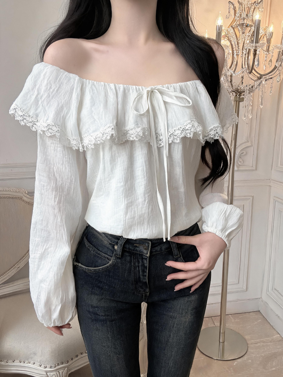 French Style Ruffle Trim Long Sleeve Shirt Summer New Top
